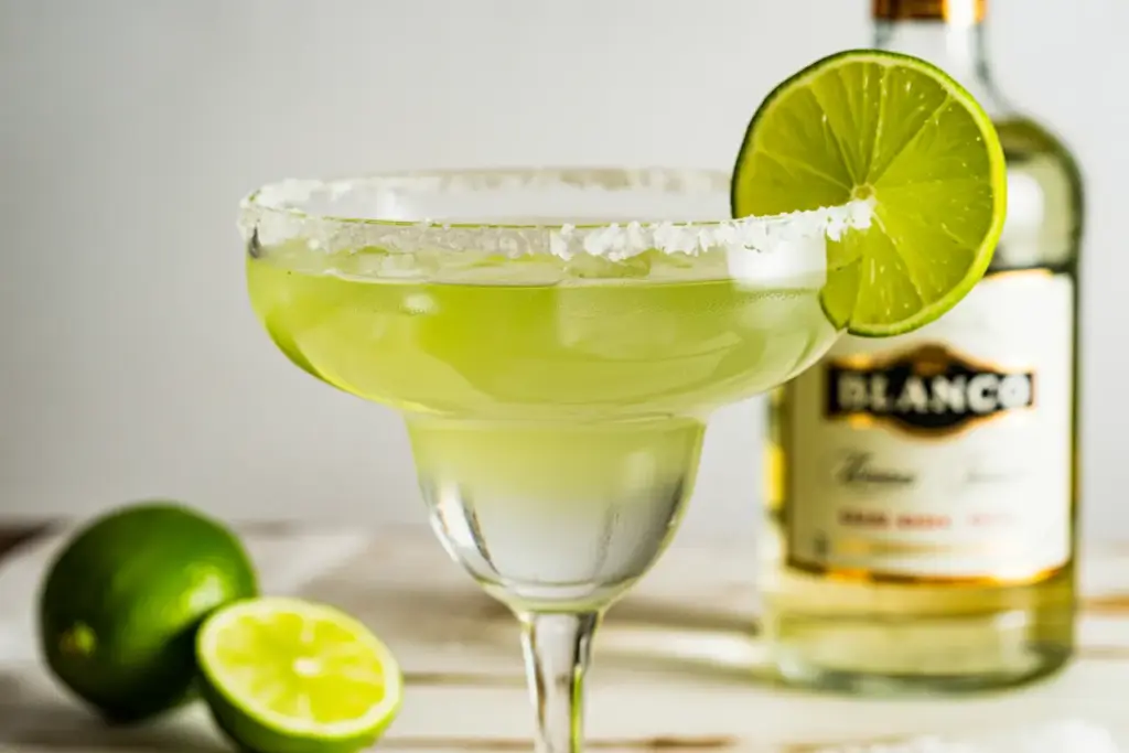 A perfectly crafted classic margarita in a salt-rimmed glass, garnished with a lime wheel, showcasing the best margarita recipe.