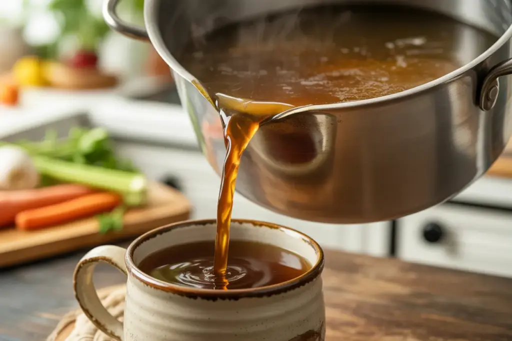 A clear, golden bone broth being ladled into a mug, showing the perfect result from avoiding common bone broth mistakes.