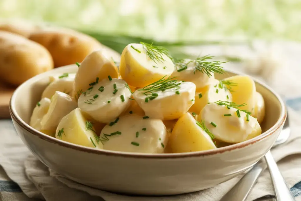 A perfectly made classic potato salad in a bowl, highlighting its creamy texture and the result of avoiding common potato salad mistakes.