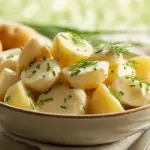 A perfectly made classic potato salad in a bowl, highlighting its creamy texture and the result of avoiding common potato salad mistakes.
