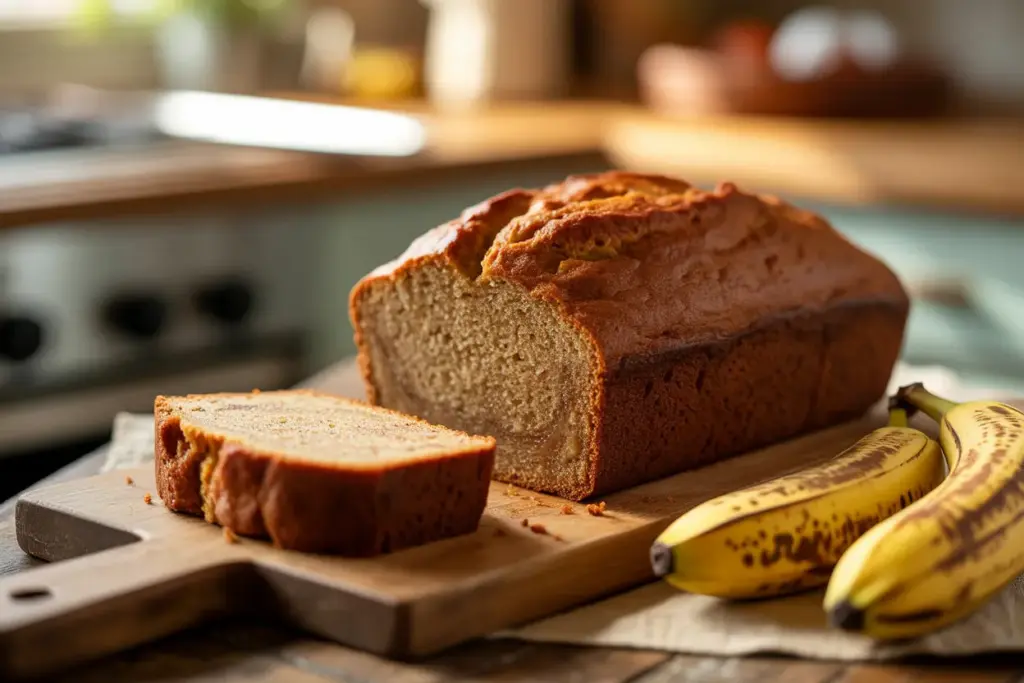 A golden-brown loaf of banana bread sits next to overripe bananas, avoiding common banana bread mistakes.