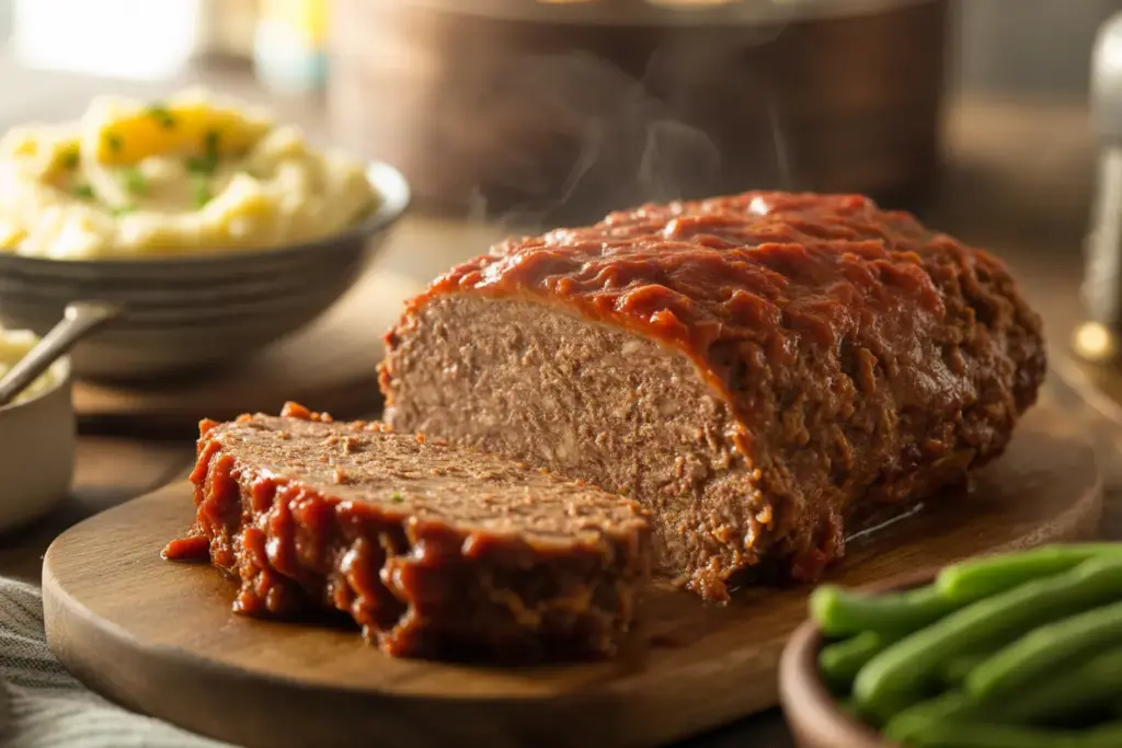 A close-up of a perfectly moist meatloaf with a shiny tomato glaze, sliced to show its juicy texture, served with mashed potatoes.
