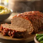 A close-up of a perfectly moist meatloaf with a shiny tomato glaze, sliced to show its juicy texture, served with mashed potatoes.
