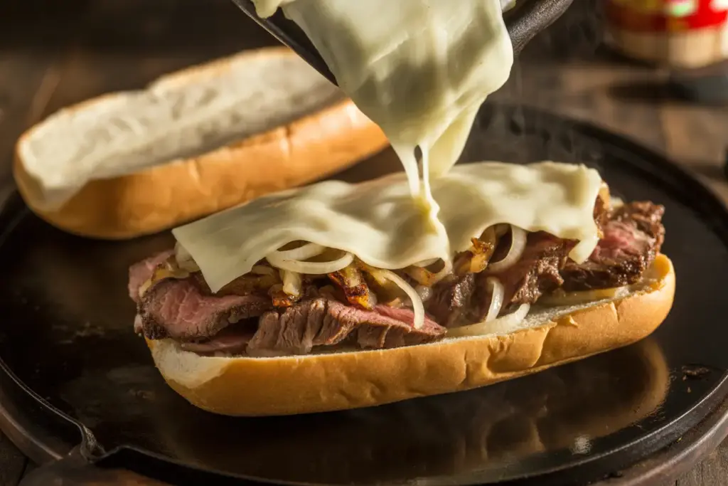 A close-up of a perfect Philly cheesesteak recipe with juicy ribeye steak, melted cheese, and onions in a toasted hoagie roll.