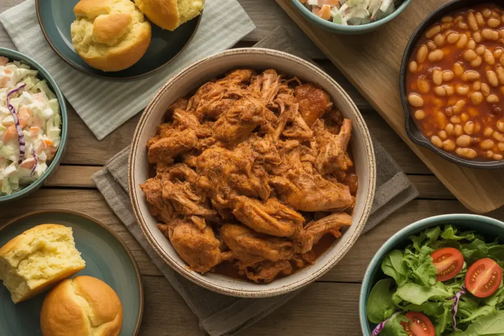 A rustic wooden table displays a central bowl of pulled chicken surrounded by perfect side dishes like coleslaw, cornbread, and a fresh salad.