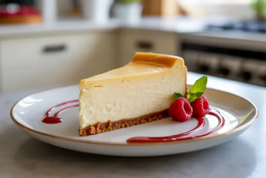 A perfect slice of creamy, classic New York cheesecake with a graham cracker crust, topped with fresh raspberries and a mint leaf on a white plate.