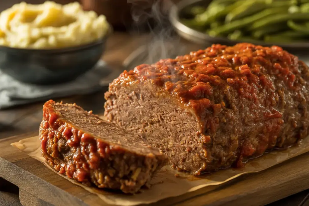 A perfectly cooked 2 lb meatloaf with a savory glaze, sliced to show its juicy interior, ready to be served after cooking at 350 degrees.