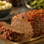 A perfectly cooked 2 lb meatloaf with a savory glaze, sliced to show its juicy interior, ready to be served after cooking at 350 degrees.
