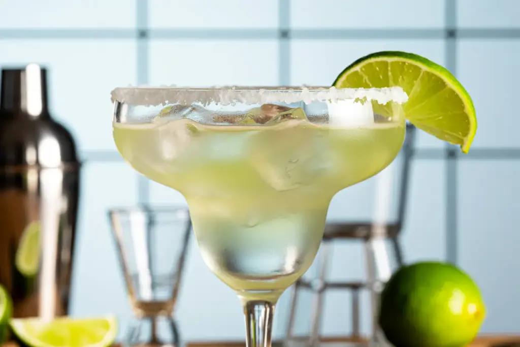 A classic margarita on the rocks in a salted rim glass, garnished with a lime wedge, showing how to make a classic margarita.