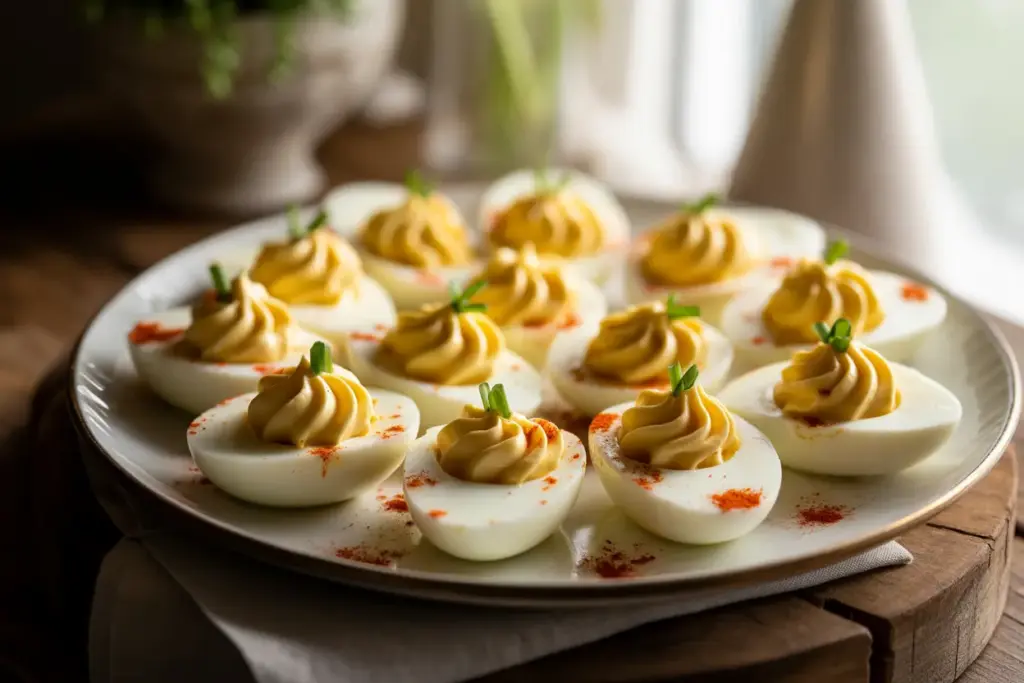 A platter of perfect deviled eggs, with creamy piped yolk filling and garnished with paprika and chives.