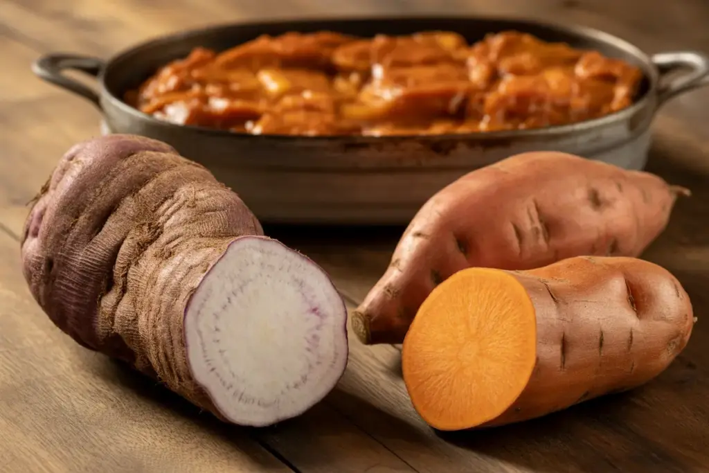 A side-by-side comparison of a true yam with rough, dark skin and a sweet potato with smooth, orange skin, illustrating the difference for candied yams.