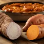 A side-by-side comparison of a true yam with rough, dark skin and a sweet potato with smooth, orange skin, illustrating the difference for candied yams.