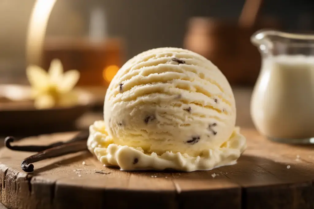 A perfect scoop of creamy homemade vanilla ice cream, showcasing the secret ingredient for homemade ice cream which results in a rich, smooth texture.