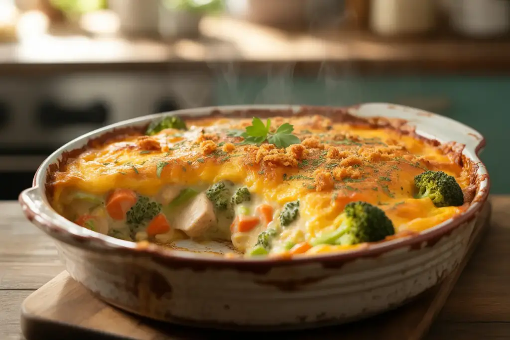 A golden-brown baked casserole in a ceramic dish, revealing the secrets to a perfect casserole with visible layers of cheese and vegetables.