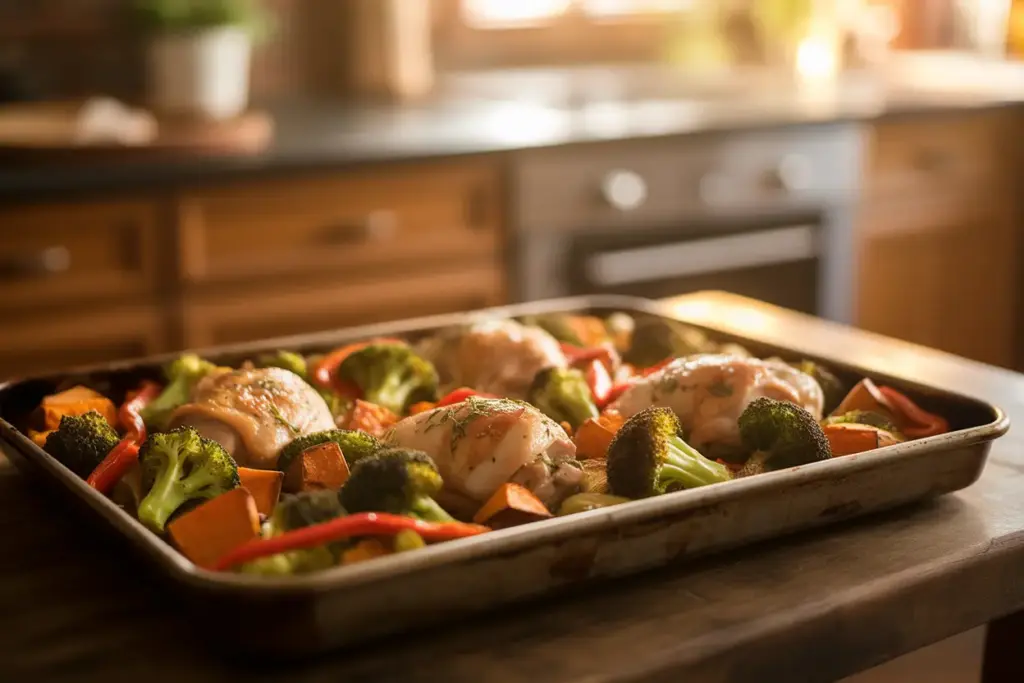 A vibrant sheet pan lazy dinner idea with roasted chicken and vegetables, showcasing an easy and satisfying meal.