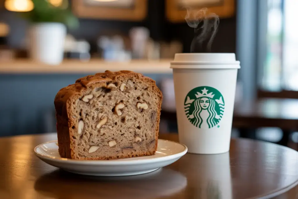 A warm, inviting image of a fresh slice of Starbucks banana bread, rich with nuts, served alongside a hot cup of coffee in a signature cup.