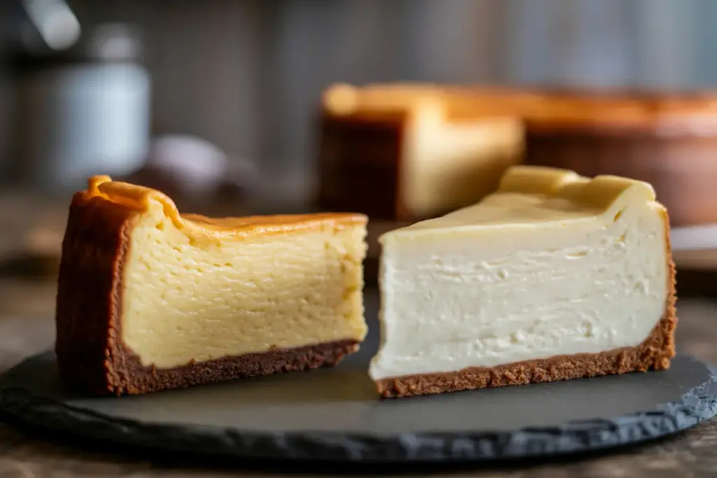 A side-by-side comparison of a dense sour cream cheesecake slice and a silky heavy cream cheesecake slice, highlighting their distinct textures.