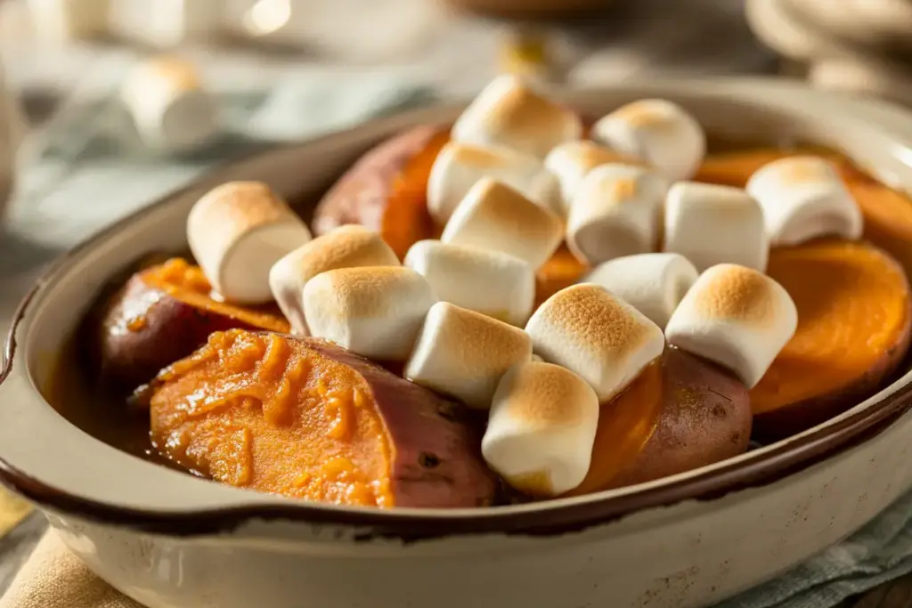A close-up of a rustic baking dish filled with a Southern candied yams recipe, featuring tender sweet potatoes in a syrupy glaze and topped with golden toasted marshmallows.