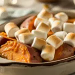 A close-up of a rustic baking dish filled with a Southern candied yams recipe, featuring tender sweet potatoes in a syrupy glaze and topped with golden toasted marshmallows.