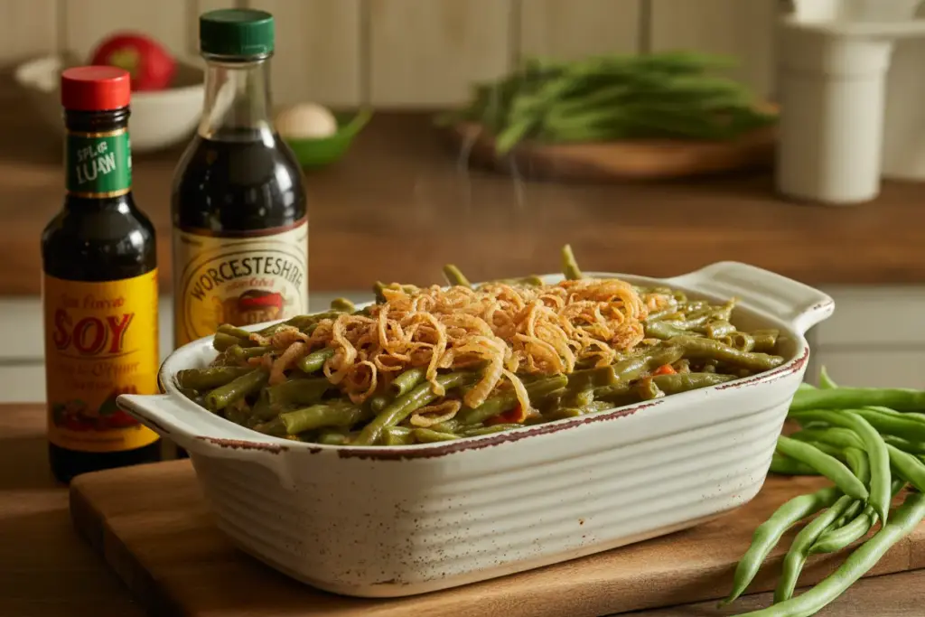 A side-by-side comparison of soy sauce vs Worcestershire sauce as flavor enhancers for a classic green bean casserole in a baking dish.