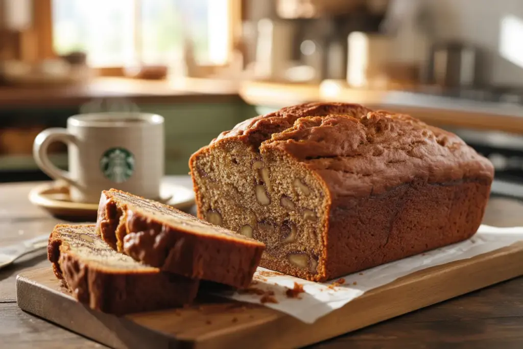 A freshly baked Starbucks copycat banana bread loaf, sliced to show its moist texture and walnuts inside, on a rustic wooden board.