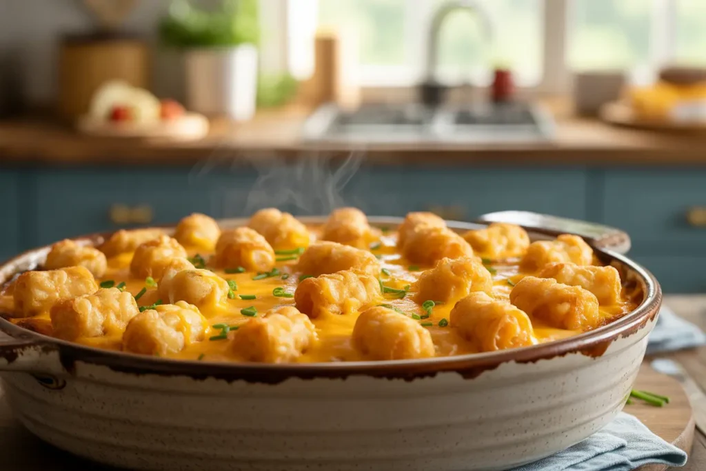 A delicious tater tot breakfast casserole recipe, fresh from the oven in a baking dish, showcasing a golden-brown cheesy and crispy topping.