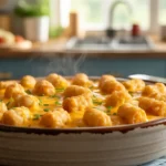 A delicious tater tot breakfast casserole recipe, fresh from the oven in a baking dish, showcasing a golden-brown cheesy and crispy topping.