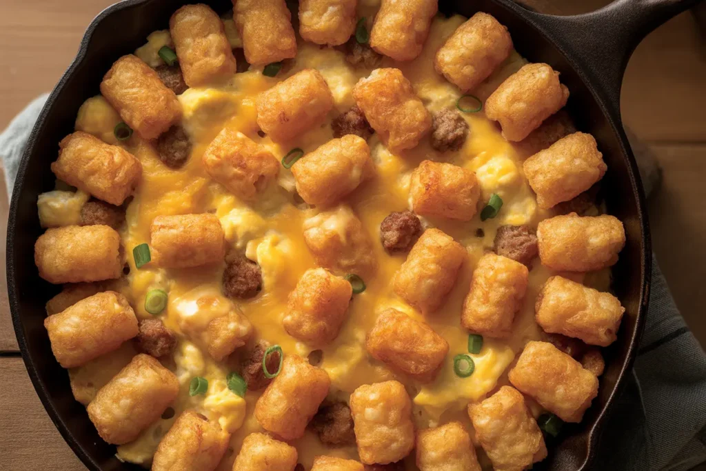 A close-up shot of a savory tater tots for breakfast casserole, baked in a cast-iron skillet with melted cheese, eggs, and fresh herbs.