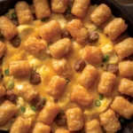 A close-up shot of a savory tater tots for breakfast casserole, baked in a cast-iron skillet with melted cheese, eggs, and fresh herbs.