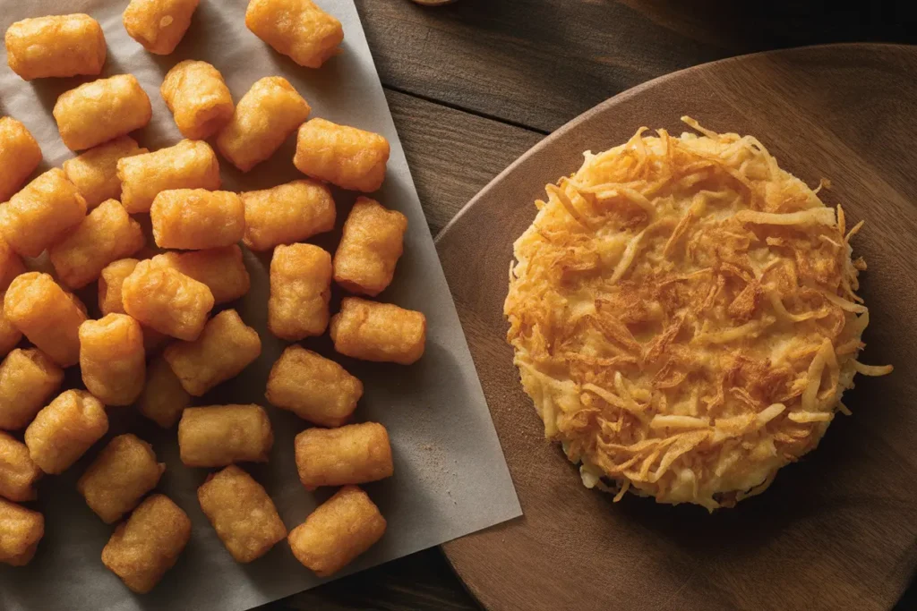 A side-by-side comparison of crispy tater tots and a golden hash brown patty, illustrating the Tater Tots vs Hash Browns debate.