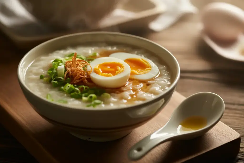A close-up of a warm bowl of traditional Asian rice porridge called congee, garnished with scallions, a soft-boiled egg, and crispy shallots.