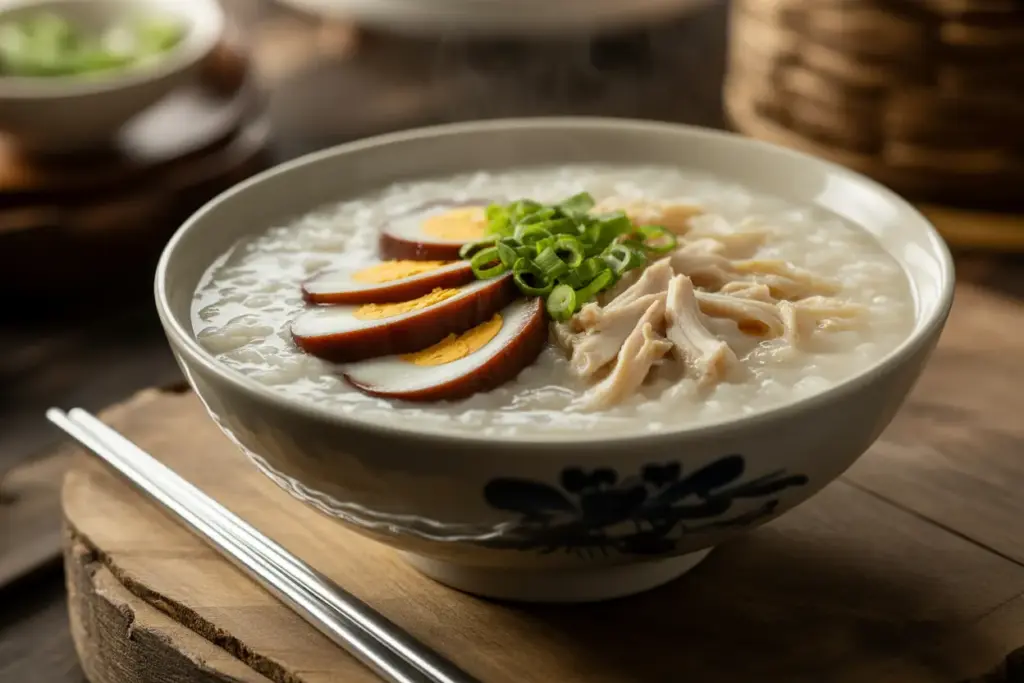 A warm bowl of traditional Chinese rice porridge called congee, garnished with century egg, scallions, and shredded chicken.