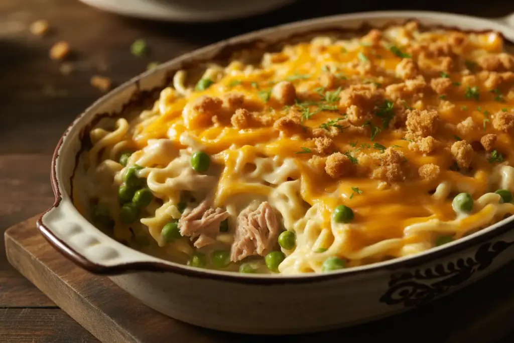 A close-up of a delicious, freshly baked tuna casserole recipe in a ceramic dish, showing its creamy texture with noodles and peas.