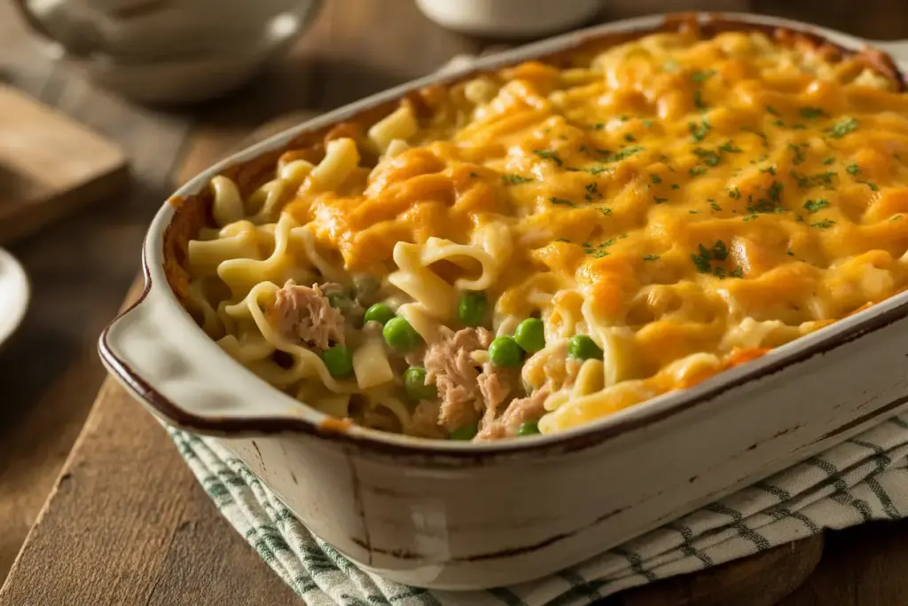 A close-up of a warm, homemade tuna noodle casserole in a baking dish, showing the creamy ingredients like noodles, tuna, and peas.