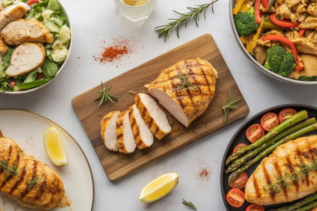 A flat lay of versatile chicken breast recipes, featuring a central grilled chicken breast surrounded by salad, stir-fry, and baked chicken dishes.