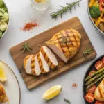 A flat lay of versatile chicken breast recipes, featuring a central grilled chicken breast surrounded by salad, stir-fry, and baked chicken dishes.