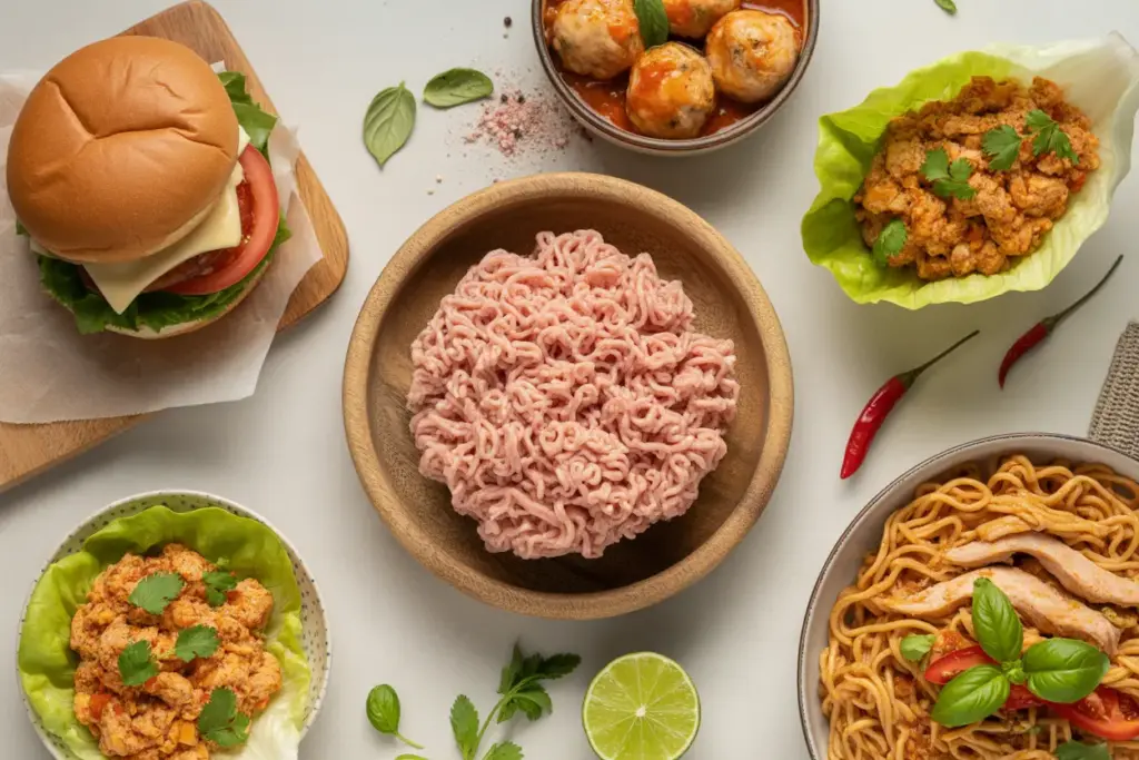 A flat lay of various mince chicken recipes including burgers, meatballs, and lettuce wraps, showcasing versatile cooking options.