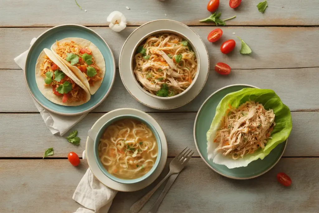 An overhead view of four different shredded chicken recipes, including tacos, soup, salad, and a lettuce wrap, showcasing healthy and easy meal ideas.