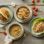 An overhead view of four different shredded chicken recipes, including tacos, soup, salad, and a lettuce wrap, showcasing healthy and easy meal ideas.
