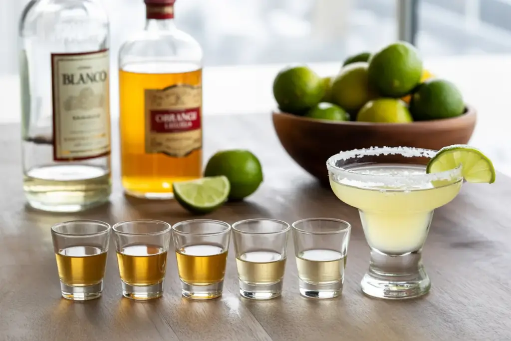 A visual breakdown of the 3-2-1 Margarita Ratio, showing three parts tequila, two parts orange liqueur, and one part fresh lime juice next to a finished cocktail.