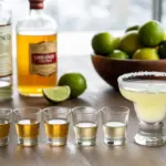 A visual breakdown of the 3-2-1 Margarita Ratio, showing three parts tequila, two parts orange liqueur, and one part fresh lime juice next to a finished cocktail.