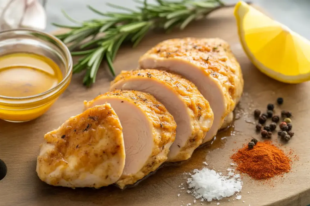 A close-up of a juicy, flavorful chicken breast, sliced and surrounded by fresh herbs and spices, showcasing ways to jazz it up.