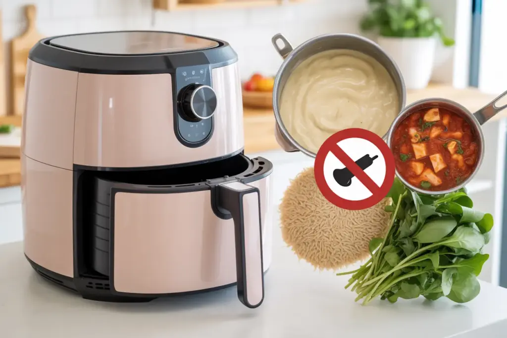 An air fryer on a kitchen counter surrounded by foods you should not put in it, like wet batter, saucy dishes, and raw rice, illustrating what not to cook in an air fryer.