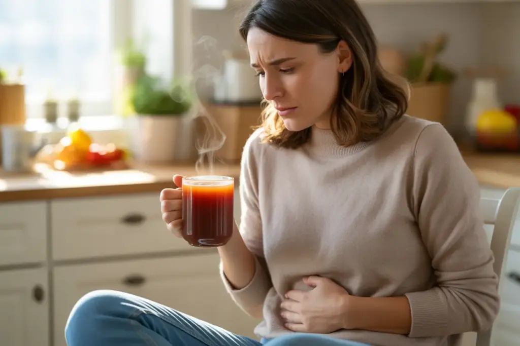 A woman with a concerned expression holds a mug of bone broth, representing the feeling of being weird or unwell after drinking it.