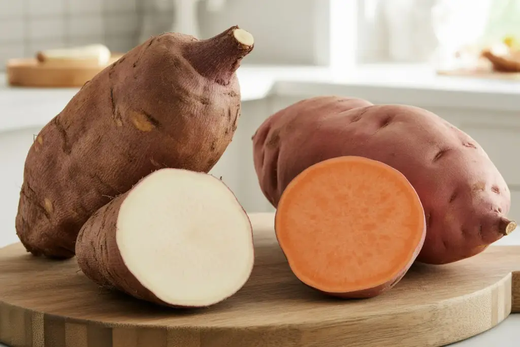 A side-by-side comparison of a yam and a sweet potato, showing the health benefits and differences in skin and flesh color.