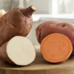 A side-by-side comparison of a yam and a sweet potato, showing the health benefits and differences in skin and flesh color.